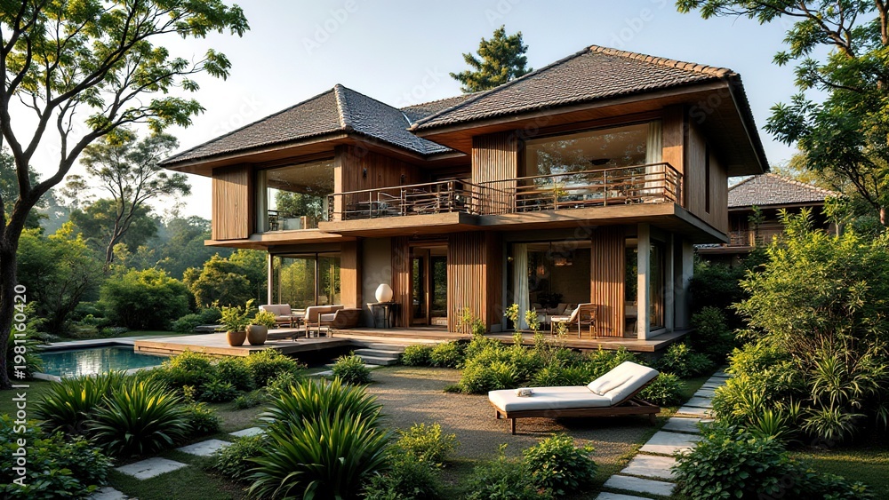 Fototapeta premium Modern Wooden House Surrounded by Lush Greenery in Bright Daylight