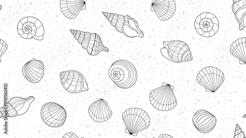 Detailed seamless pattern of various seashells and sand textures in a black and white line drawing style for beach and ocean themes.