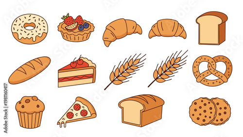 Collection of various bakery items like bread, cake, donuts, and pizza in a colorful cartoon illustration style for cafe menus.