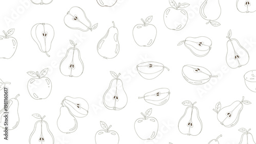 Seamless pattern of hand drawn apples and pears in sketch style over a white background for fabric wallpaper and wrapping paper.