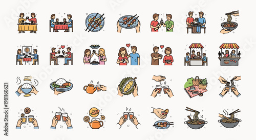 Collection of diverse hand-drawn icons depicting people enjoying meals, sharing drinks, and outdoor dining experiences