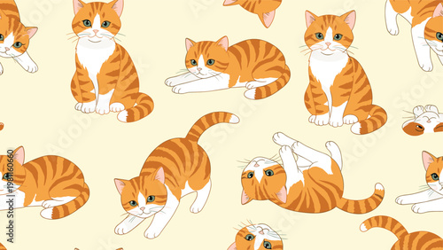 Seamless pattern of cute ginger and white cats in various playful poses such as sitting and stretching on a cream color background.