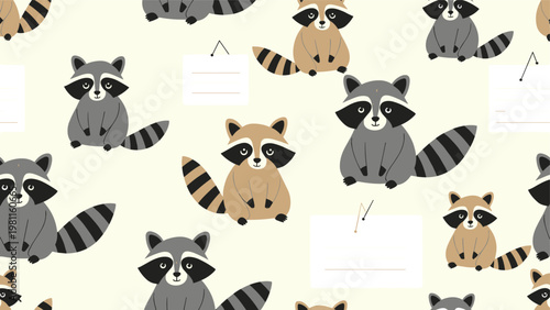Seamless pattern of cute cartoon raccoons sitting and looking forward with blank paper notes on a light yellow background for kids.