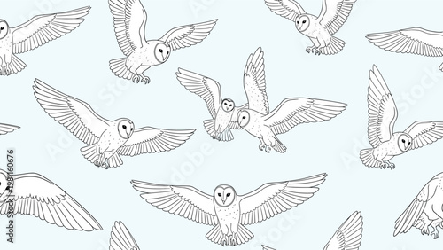 Seamless pattern featuring line art drawings of barn owls flying and hunting on a light blue background for nature themed decor.
