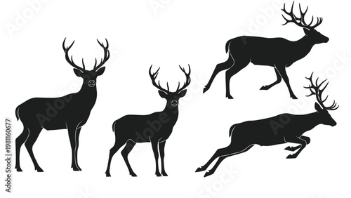 Black silhouettes of majestic stags and deer in various standing and running poses isolated on a white background for nature design.
