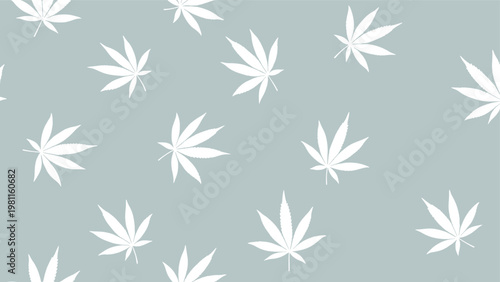 Seamless pattern of white hemp or marijuana leaves scattered on a muted green background for textile and wallpaper design projects.