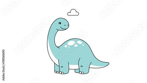 Cute cartoon illustration of a blue long necked dinosaur with white spots and a small cloud isolated on white background for kids.