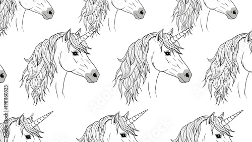 Seamless pattern featuring detailed line art drawings of unicorn heads with flowing manes on a white background for kids.