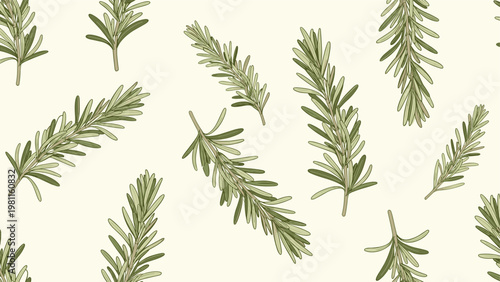 Seamless pattern of hand drawn rosemary sprigs with green leaves on a light cream background for culinary and herbal themes.