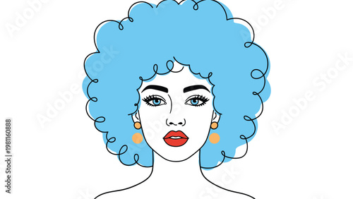Stylized portrait of a beautiful woman with a large blue afro hairstyle and red lips isolated on a white background.