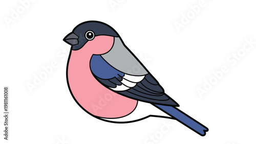Colorful illustration of a bullfinch bird with its characteristic bright pink breast, black head, and blue-grey wings on a white background.