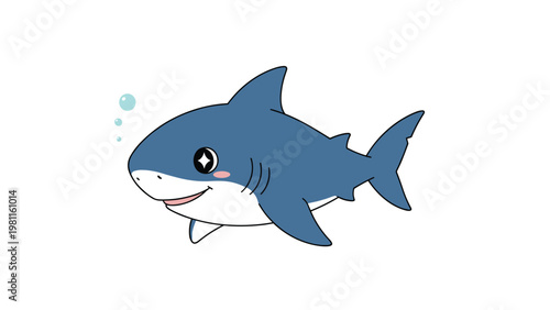 Adorable cartoon shark character with large sparkling eyes and tiny bubbles, perfect for nursery decorations and children's sea themes.
