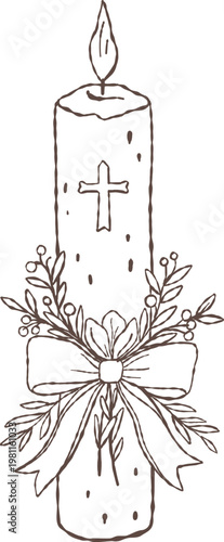 Christian candle with cross, bow, and delicate floral decoration, featuring small flowers and foliage. Hand-drawn doodle outline illustration in clean line art style with a burning flame