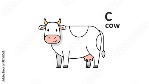 Friendly farm animal illustration featuring a white cow with black spots next to the letter C and the word cow for children learning.