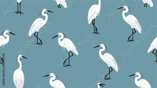 Elegant seamless pattern of white egret birds standing in various poses against a muted blue-grey background, ideal for textile design.