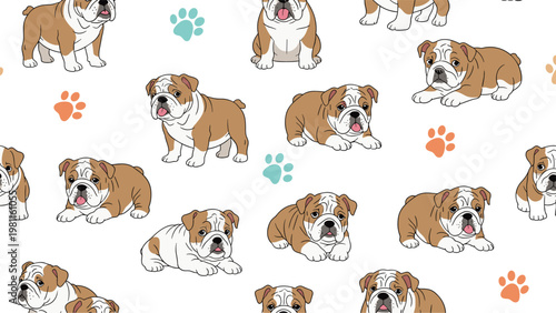 Joyful seamless pattern of cute English bulldog puppies with colorful paw prints scattered on a clean white background for pet lovers.