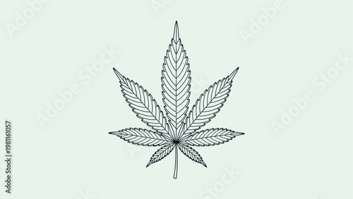 Detailed single line art drawing of a marijuana leaf with symmetrical serrated edges, isolated on a pale mint green background.