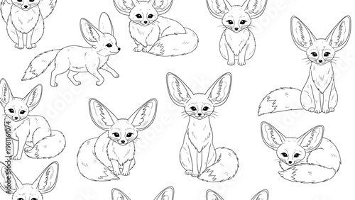 Seamless pattern of hand-drawn fennec foxes in different positions, showcasing their large ears and slender bodies in a fine line art style.