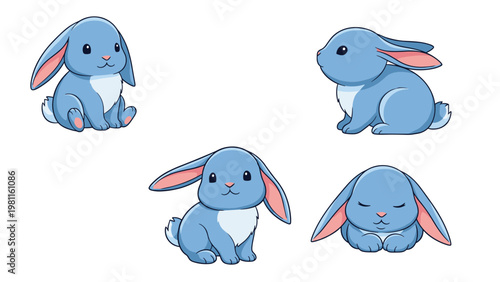 Collection of four adorable blue cartoon rabbits in various poses, including sitting and resting, perfect for children illustrations.