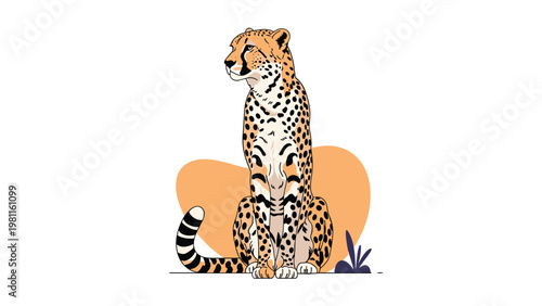 Elegant illustration of a cheetah sitting and looking towards the side, featuring its beautiful spotted coat and sleek feline profile.