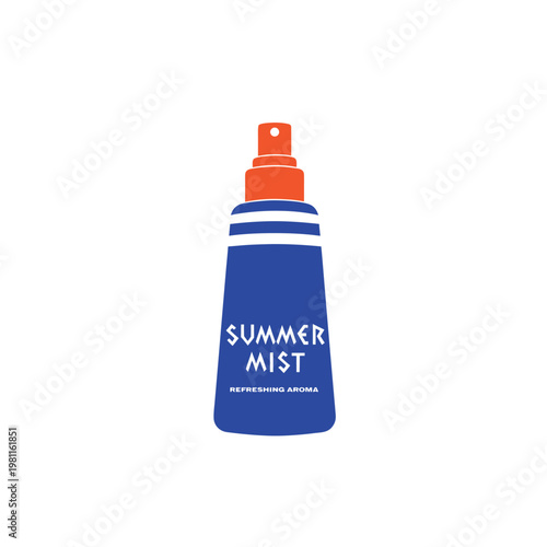 A vector graphic illustration of a blue and orange spray bottle with the words 'Summer Mist' and 'Refreshing Aroma' on it