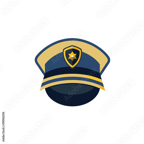 A vector graphic illustration of a police officer's hat with a gold star and shield emblem