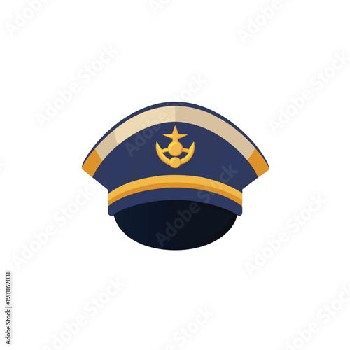 A vector graphic illustration of a navy blue military hat with gold accents and a star emblem on a white background
