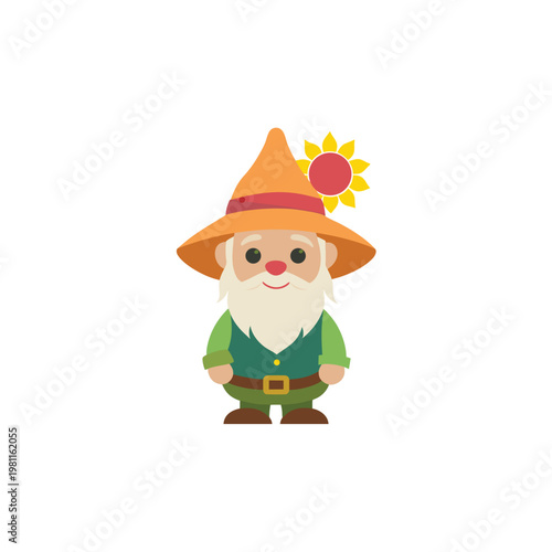 A cheerful garden gnome wearing a bright orange hat with a sunflower