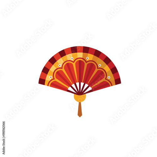 A colorful fan with a vibrant design on a white background