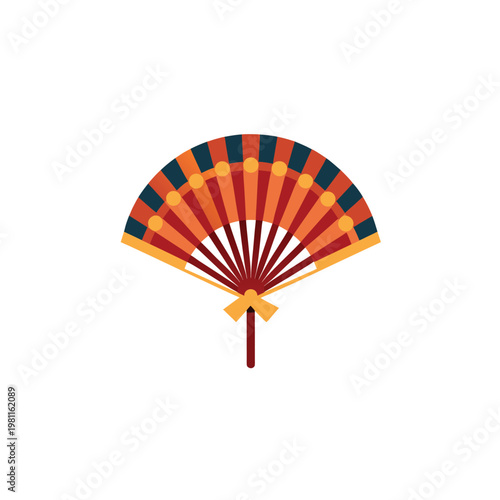 A colorful hand fan with a yellow bow on a white background