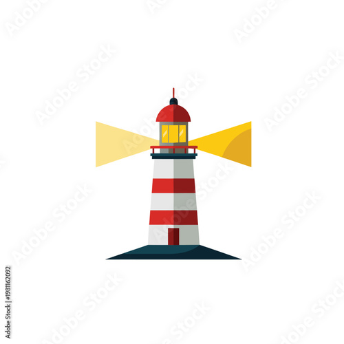 A colorful vector illustration of a lighthouse with red and white stripes emitting a bright yellow beam of light