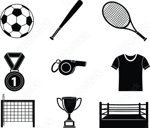 Set of flat sports equipment and competition icons on white background  