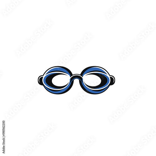 A vector graphic illustration of blue and black swimming goggles on a white background