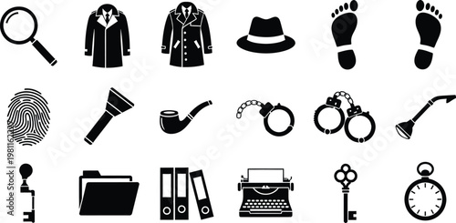 Flat design icons set for investigation and detective work elements  