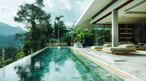 Luxury modern villa with infinity swimming pool and stunning mountain view, surrounded by lush greenery. Perfect vacation paradise.