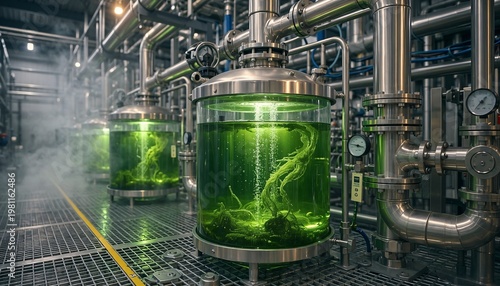Green liquid swirls inside industrial tanks. Steam rises from surrounding pipes and grates. Metal structures gleam under bright artificial light. Advanced manufacturing or chemical processing