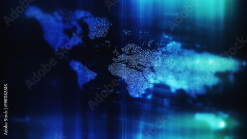 Global data network world map with matrix style grid, glowing HUD interface and streaming light trails, futuristic internet, IoT connectivity and digital simulation background