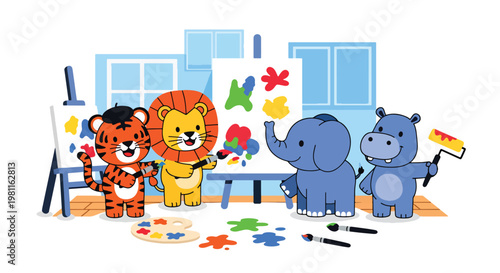 Flat style illustration of baby animals painting on canvas in art room, perfect for creative kids themes, education materials, and nursery decor illustration
