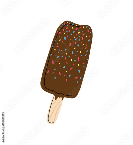 Chocolate ice cream on a stick, vector image on a white background. Suitable for a poster, postcard, or printed matter
