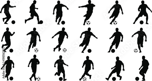 Set of professional soccer player silhouettes in various action poses including dribbling, kicking, and running with a ball isolated on a clean white background.