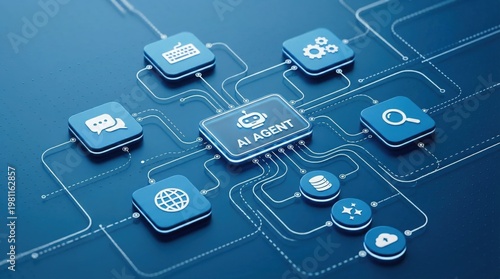 Artificial intelligence agent concept diagram with connected digital icons representing automated workflows and advanced machine learning system integration