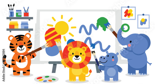 Flat style illustration of baby animals painting on canvas in art room, perfect for creative kids themes, education materials, and nursery decor illustration
