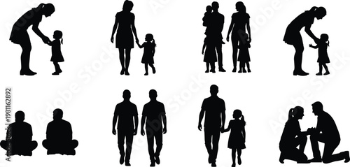 Silhouette collection of adults and children interacting in caring poses, walking, sitting, and guiding, ideal for family design, parenting concepts, and social illustration projects.