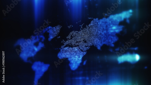 Global data network world map with matrix style grid, glowing HUD interface and streaming light trails, futuristic internet, IoT connectivity and digital simulation background