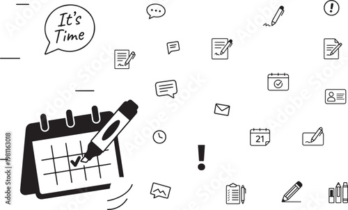 Black and White Doodle Icons with Calendar and Marker. Time management concept illustrating scheduling and deadlines. Suitable for business planning designs. Isolated Vector.