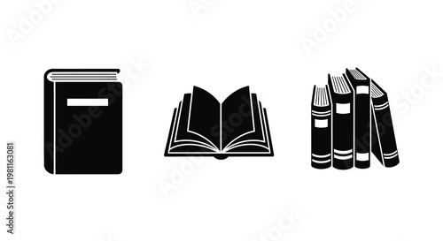 Three books in varying positions depicted as a stark silhouette