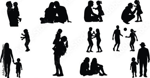 Silhouetted adults interacting with children in various poses, symbolizing family bonding, caregiving, parenting, love, and emotional connection through expressive shapes on white background