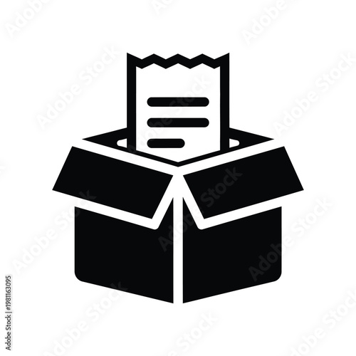 minimalist open gift box with receipt icon on top isolated black and white vector illustration