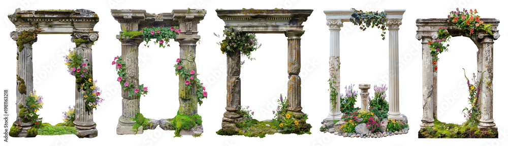Fototapeta premium PNG Ancient columns adorned with flowers on transparent background