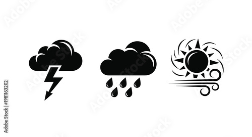 Weather icons depicting storm rain and sun in black silhouette